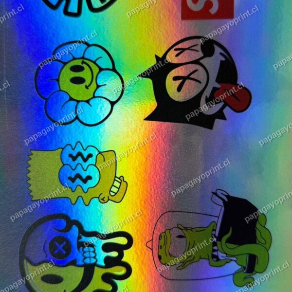 Pliego frontal de stickers holográficos impresos con efecto arcoíris