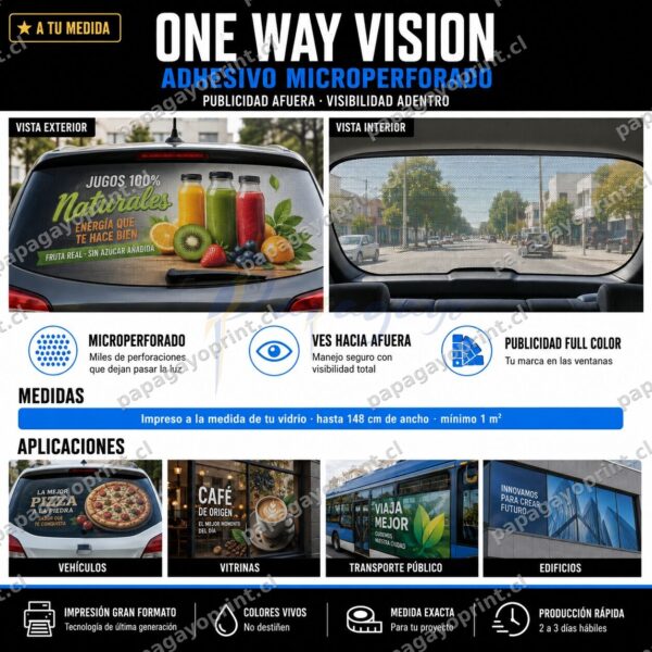 Adhesivo One Way Vision microperforado publicidad vehicular - Papagayoprint Chile