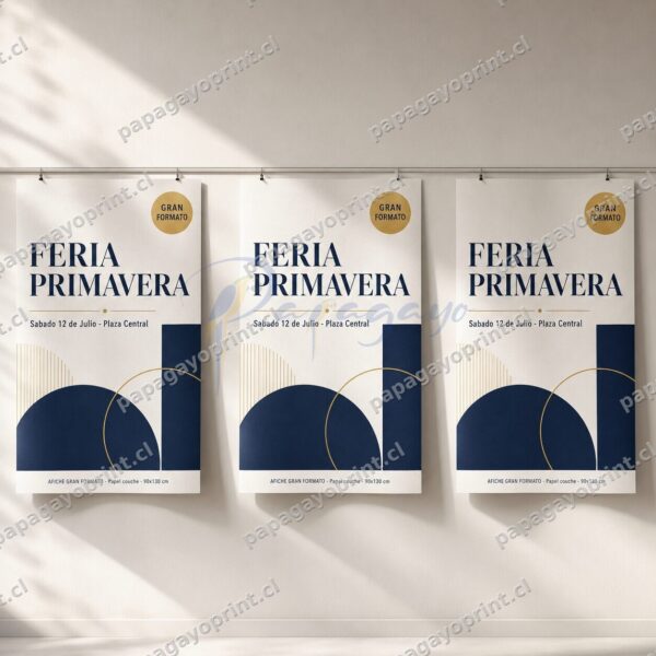 Afiche gran formato en papel couche 90x130 cm, diseno editorial azul y dorado - Papagayoprint