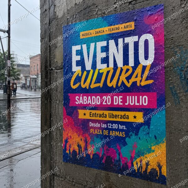 Afiche impreso en papel sintético resistente al agua pegado en muro exterior bajo la lluvia