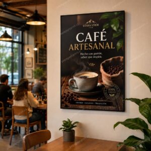 Afiche publicitario impreso enmarcado en la pared de una cafetería