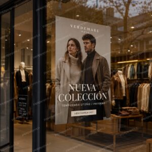 Afiche publicitario impreso pegado en la vitrina de una tienda de ropa