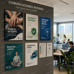Afiches publicitarios impresos enmarcados en cartelera de comunicaciones internas de oficina