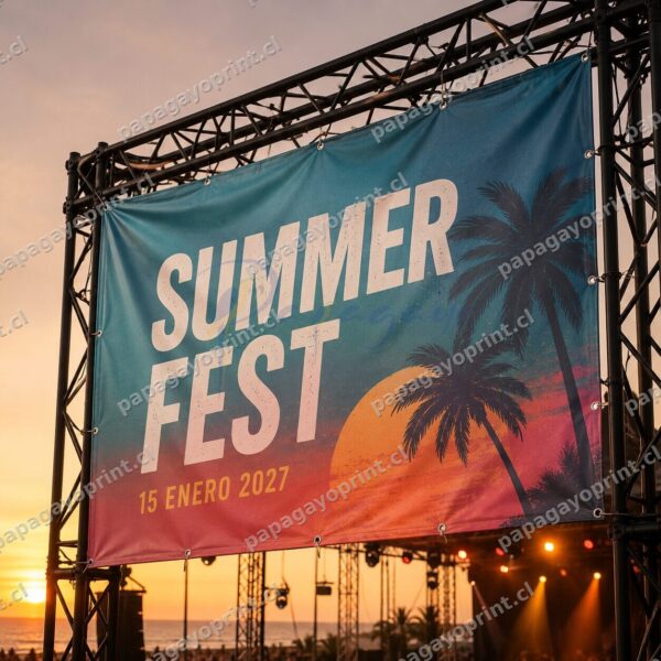 Banner de lona PVC en escenario de festival montado en truss - Papagayoprint