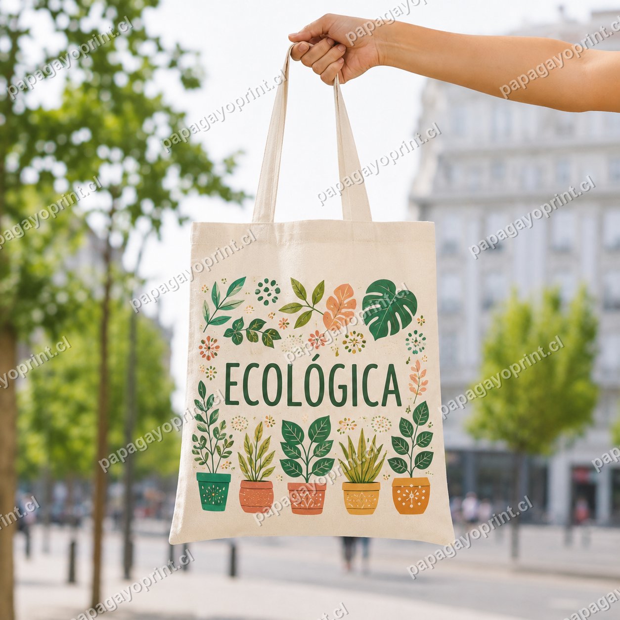 Bolsa de algodón natural sublimada con diseño ecológico de plantas a color