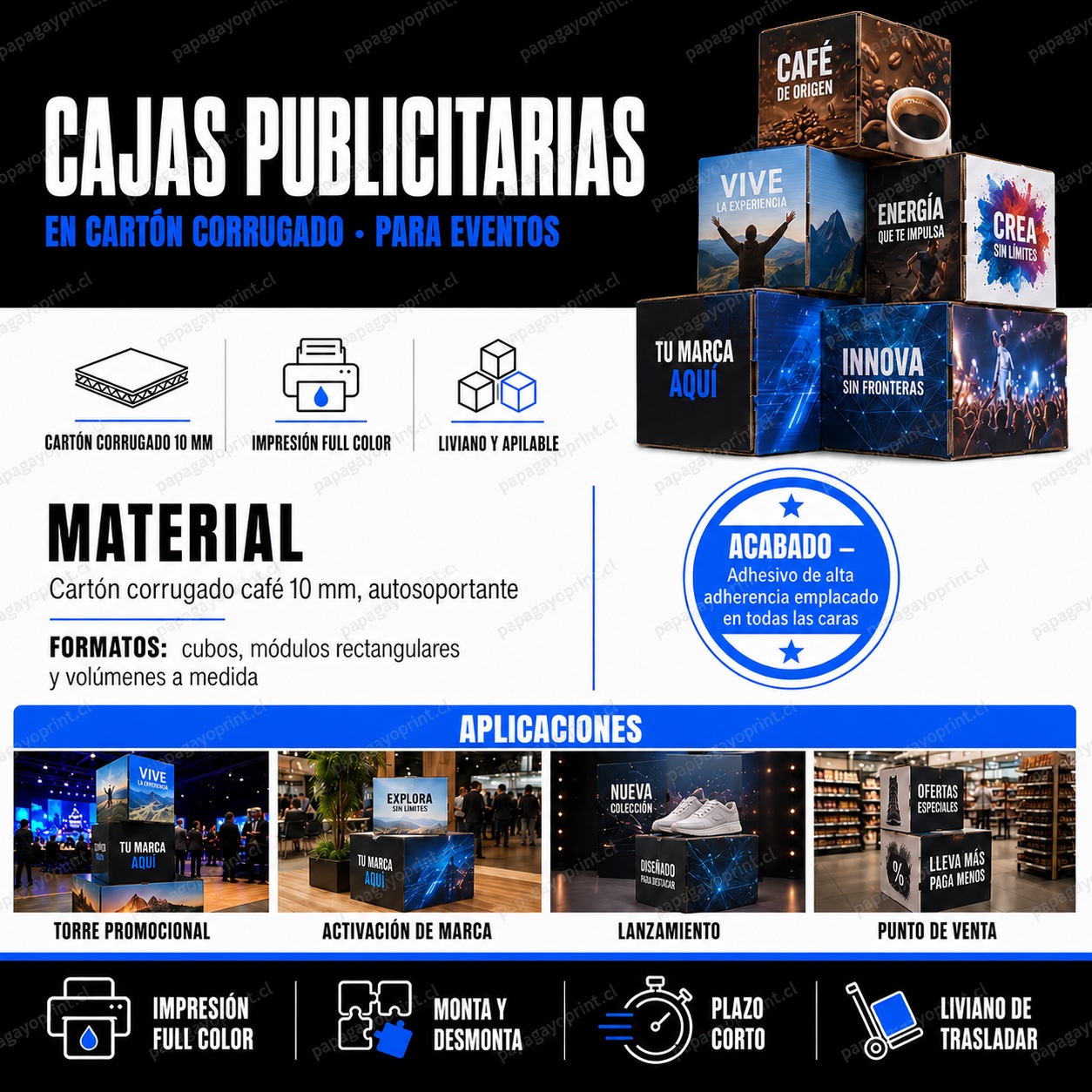 Infografía de cajas publicitarias en cartón corrugado de 10 mm para eventos - Papagayoprint