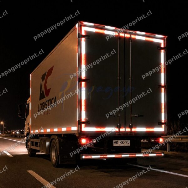 Camion con franjas de vinilo reflectante brillando de noche - Papagayoprint Chile