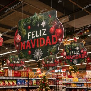 Colgantes publicitarios navideños en supermercado - Papagayoprint