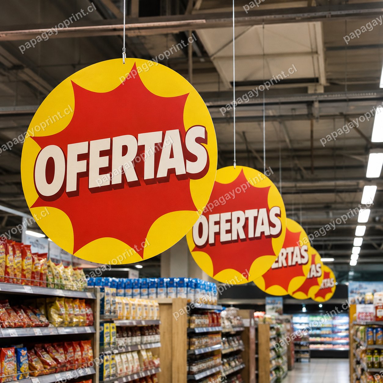 Colgantes publicitarios colgados en supermercado - Papagayoprint