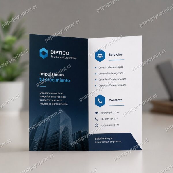 Díptico publicitario corporativo impreso en papel couché sobre una mesa