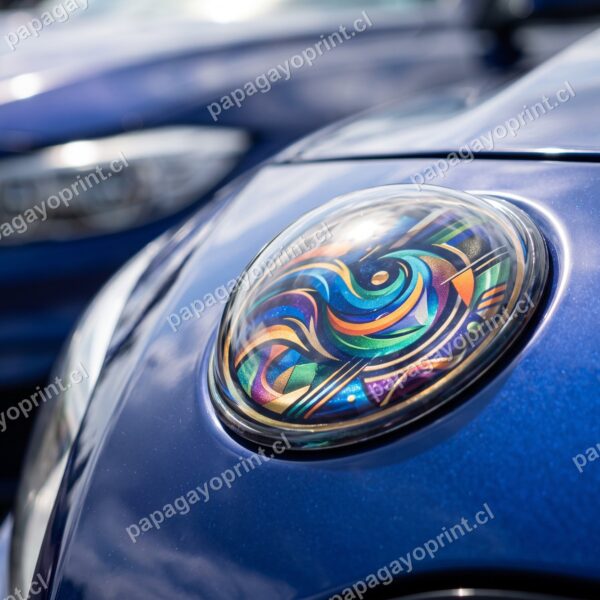 Sticker dome resinado 3D de colores en la carroceria de un automovil