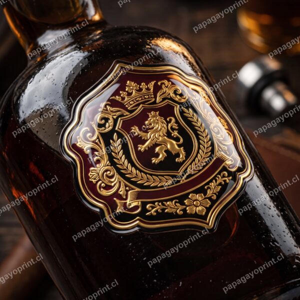 Emblema dome resinado dorado sobre botella de licor premium