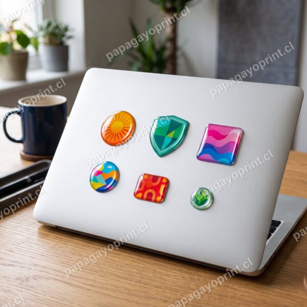 Stickers dome resinados de distintas formas y colores en un notebook premium