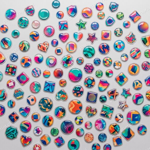 Variedad de stickers dome resinados 3D de distintas formas, tamanos y colores