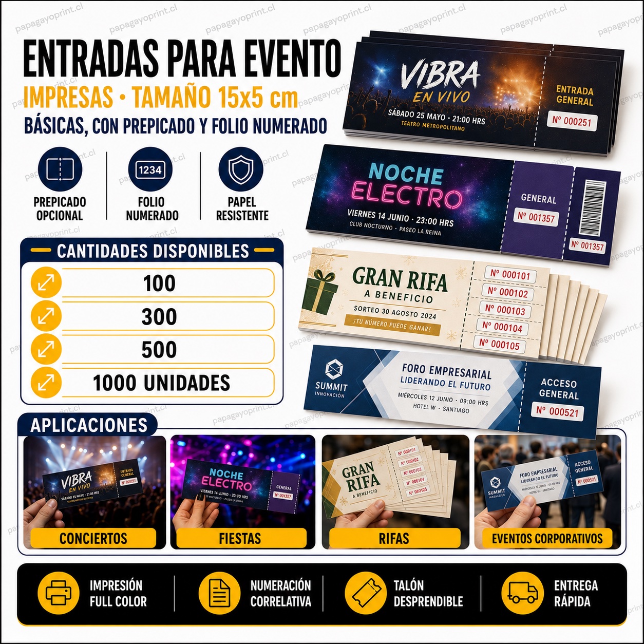 Entradas para evento impresas 15x5 cm con prepicado y folio numerado - Papagayoprint