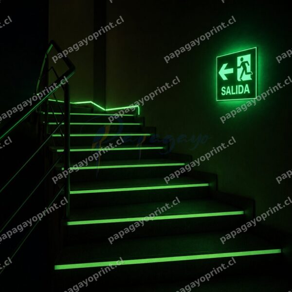 Escalera de emergencia con vinilo fotoluminiscente brillando en la oscuridad - Papagayoprint