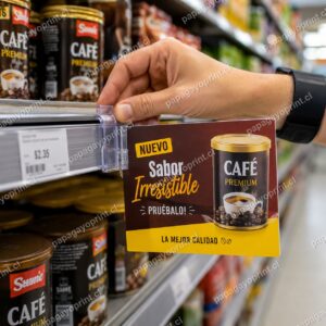 Mano instalando un vibrín publicitario en el borde del estante