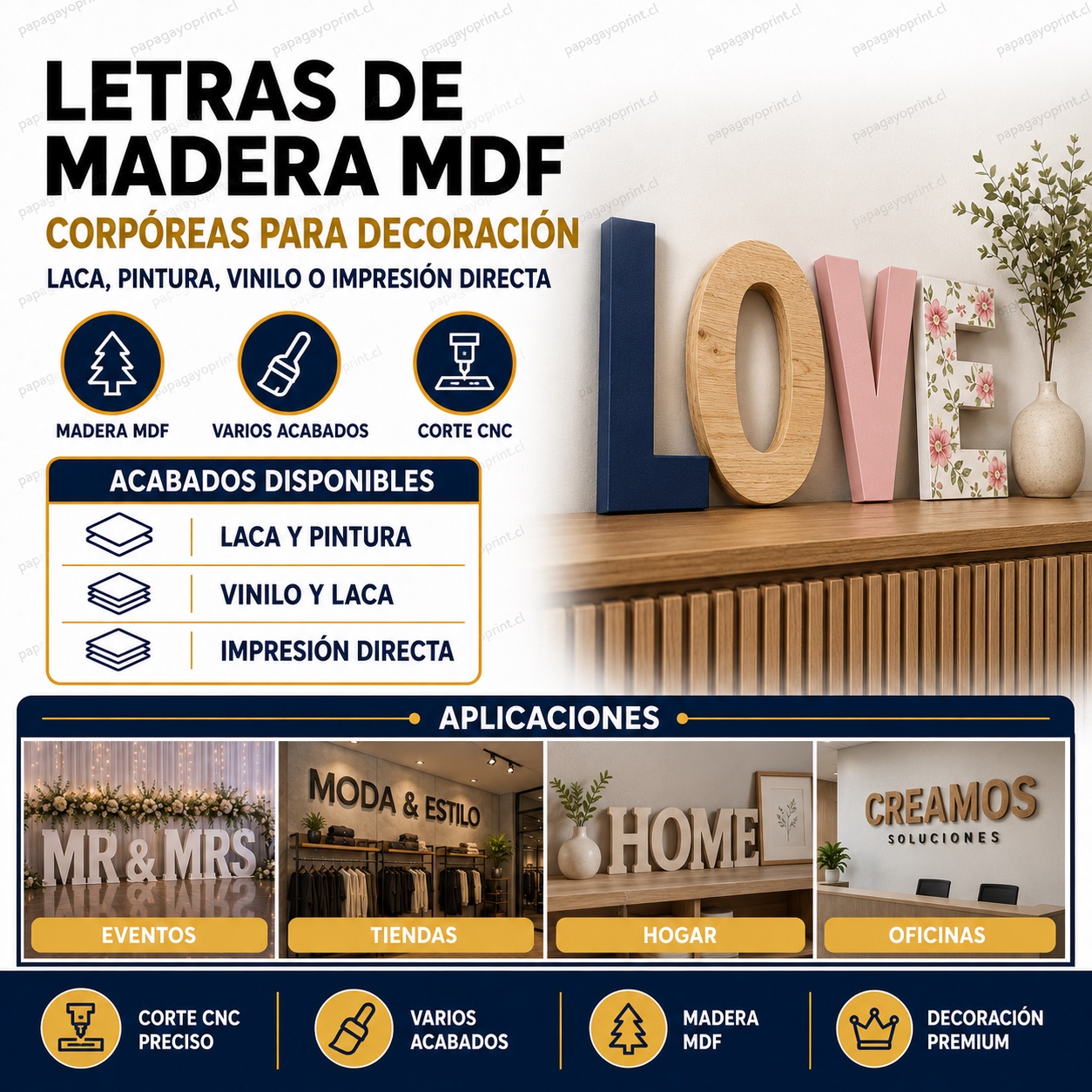 Letras de madera MDF corpóreas para decoración, laca vinilo impresión directa - Papagayoprint