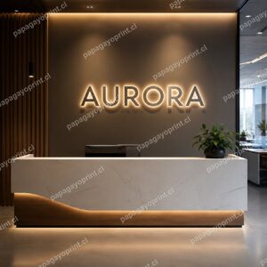 Letras volumétricas corpóreas iluminadas en recepción - Papagayoprint