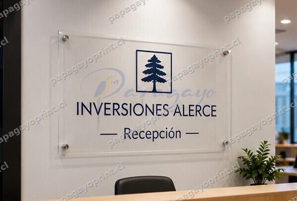 Letrero de acrilico cristal transparente 2mm con separadores en recepcion de oficina