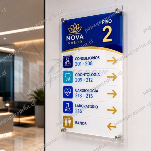 Letrero de acrílico 3 mm de señalética corporativa con directorio, íconos y flechas, montado con separadores de aluminio