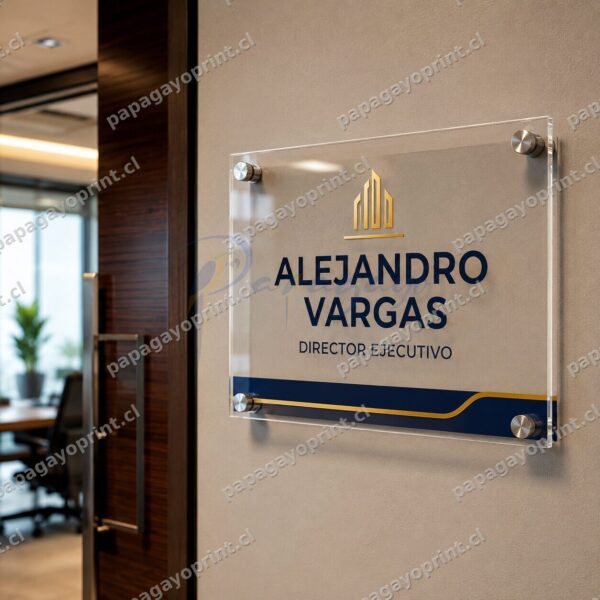 Letrero de acrilico cristal 4mm con separadores de aluminio en oficina ejecutiva