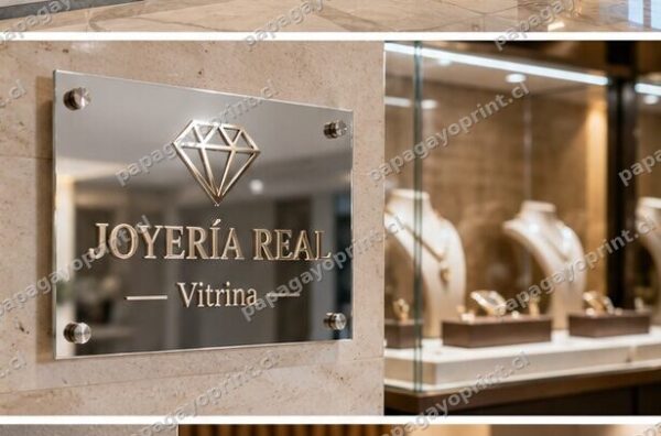 Letrero de acrilico efecto espejo plateado 3mm en vitrina de joyeria