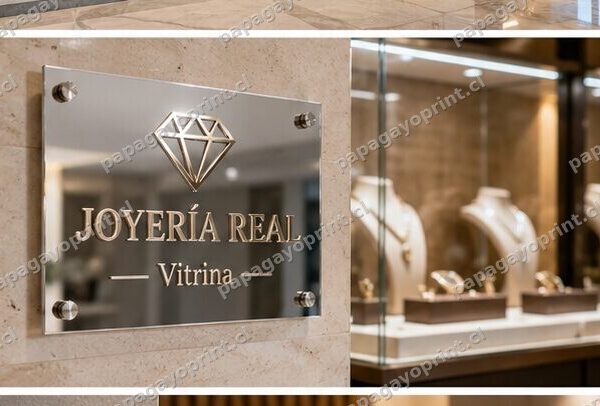 Letrero de acrilico efecto espejo plateado 3mm en vitrina de joyeria