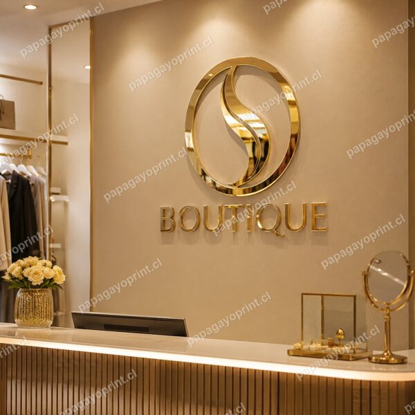 Logo de acrílico espejo dorado en boutique - Papagayoprint