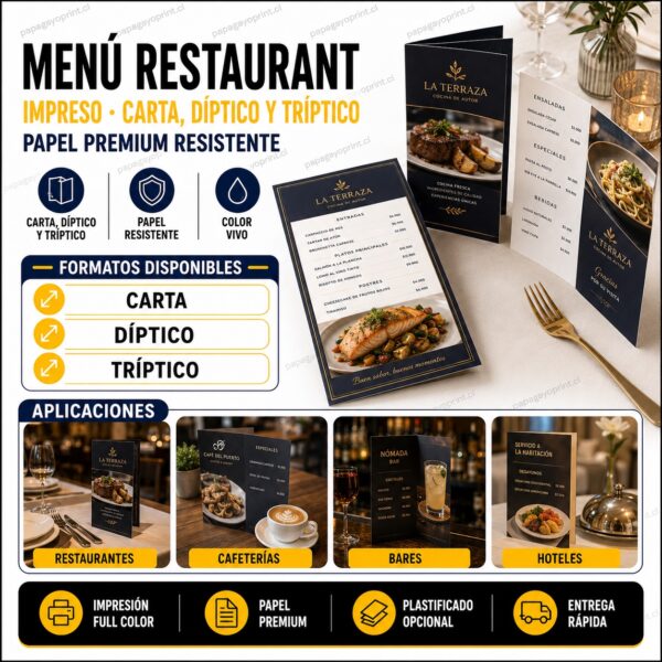 Menú de restaurant impreso en carta, díptico y tríptico, papel premium - Papagayoprint