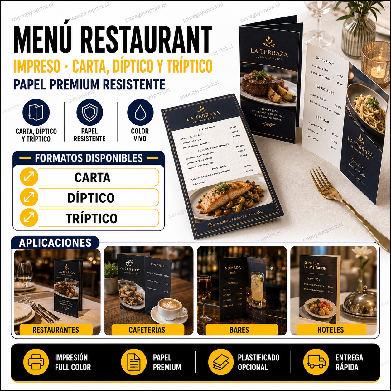Menú de restaurant impreso en carta, díptico y tríptico, papel premium - Papagayoprint