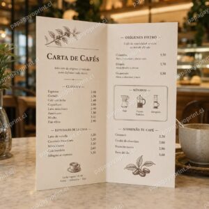 Menú de restaurante tipo díptico en mesa de café - Papagayoprint