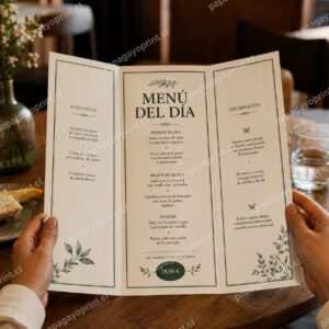 Menú de restaurante tipo tríptico desplegado - Papagayoprint