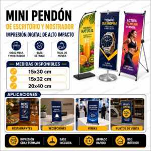Mini Pendón Tipo C 15×32 cm impreso – Mástil curvo con perfil estilizado