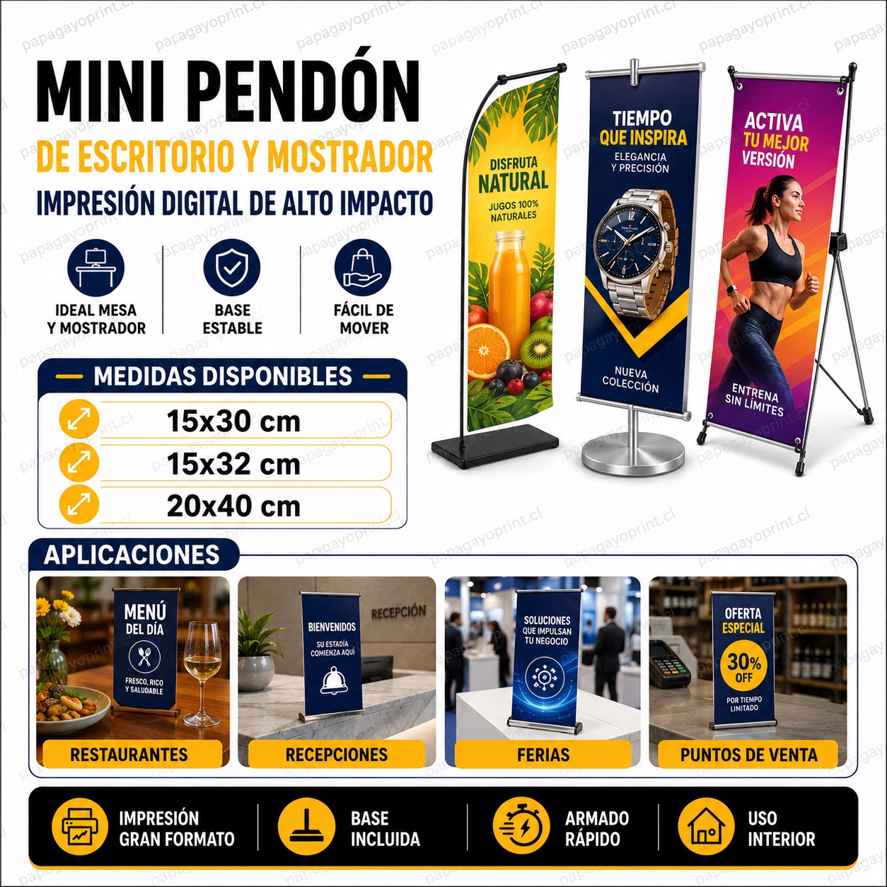 Mini pendón de escritorio y mostrador, medidas 15x30, 15x32 y 20x40 cm - Papagayoprint