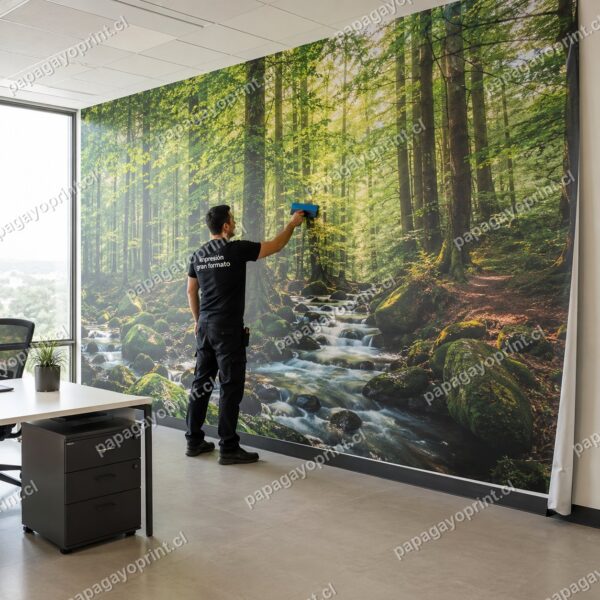Mural adhesivo impreso de gran formato instalándose en una pared de oficina