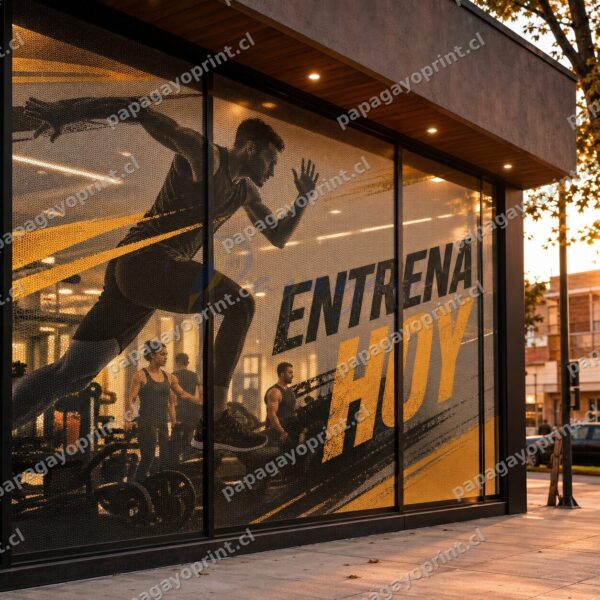 Adhesivo One Way Vision en vitrina de gimnasio con publicidad ENTRENA HOY - Papagayoprint Chile