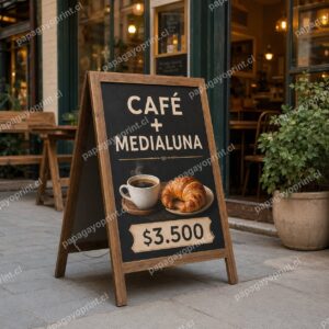 Paloma publicitaria de dos caras en vereda de café - Papagayoprint