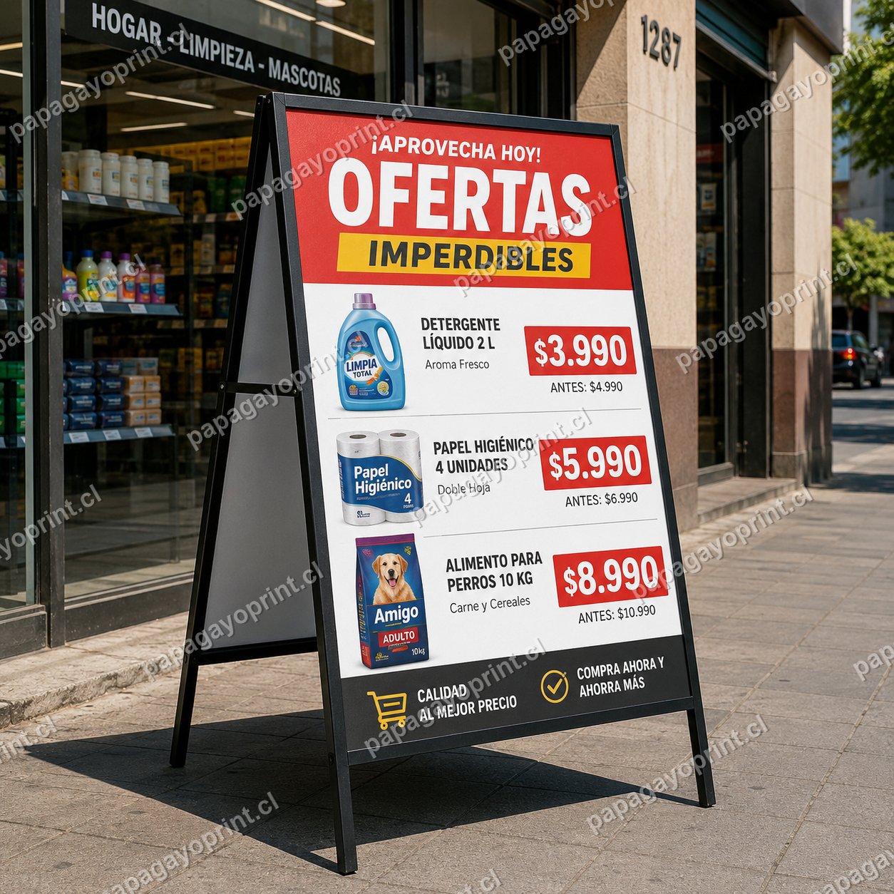 Paloma publicitaria de dos caras con gráfica de ofertas instalada en la vereda