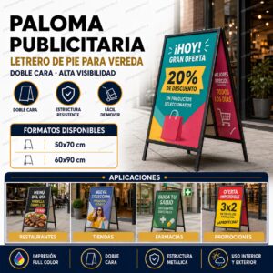 Paloma publicitaria letrero de pie para vereda doble cara - Papagayoprint