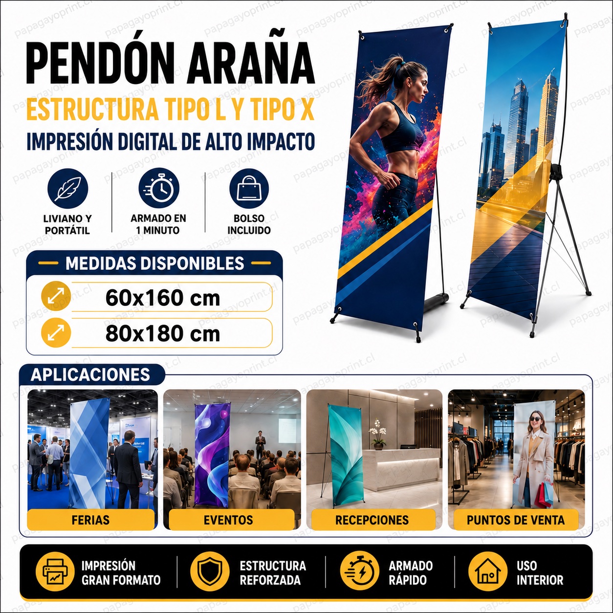 Pendón araña estructura tipo L y tipo X, medidas 60x160 y 80x180 cm - Papagayoprint