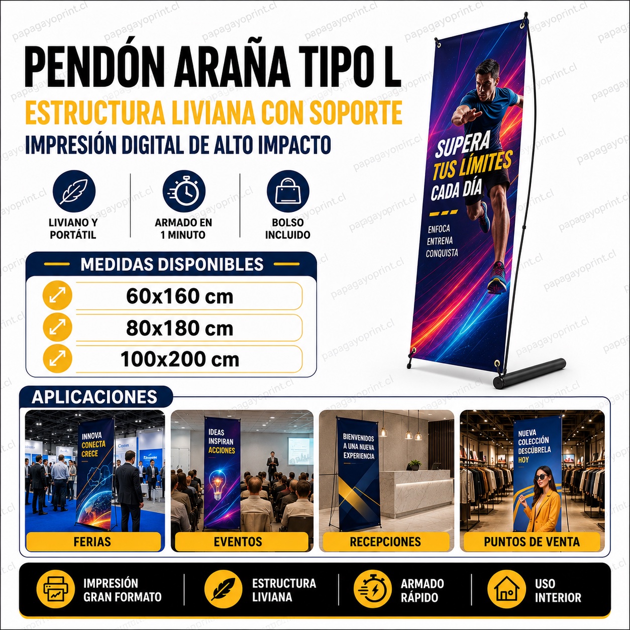 Pendón araña tipo L, medidas 60x160, 80x180 y 100x200 cm - Papagayoprint