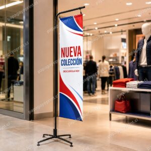 Pendón araña tipo L en punto de venta retail - Papagayoprint
