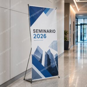 Pendón tipo X con estructura cruzada en edificio corporativo - Papagayoprint