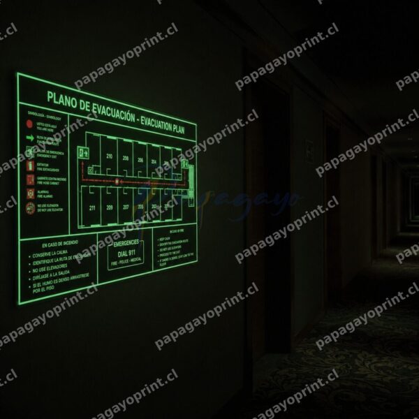 Plano de evacuacion fotoluminiscente brillando en pasillo de hotel - Papagayoprint Chile