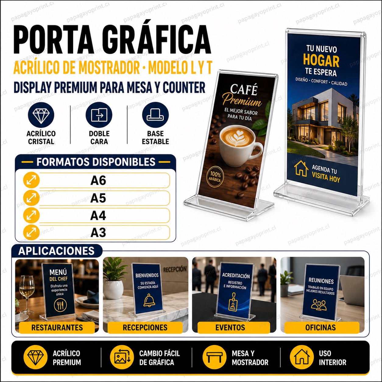 Porta gráfica acrílica de mostrador modelo L y T, formatos A6 A5 A4 A3 - Papagayoprint