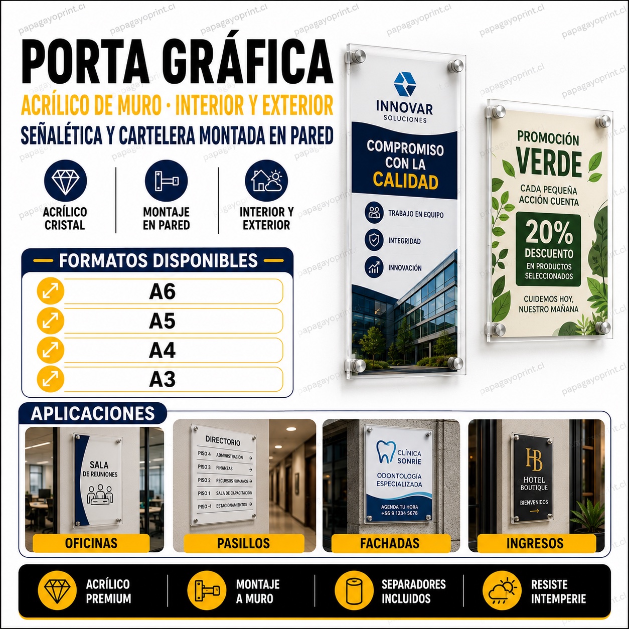 Porta gráfica acrílica de muro interior y exterior, formatos A6 A5 A4 A3 - Papagayoprint