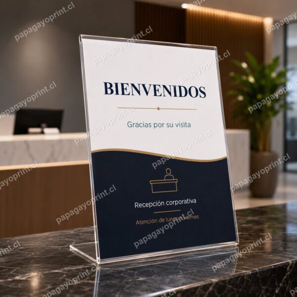 Porta gráfica L acrílico en recepción de empresa - Papagayoprint