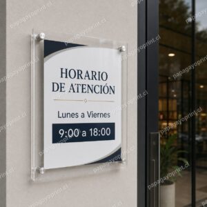 Porta gráfica de muro acrílico con horario en local - Papagayoprint