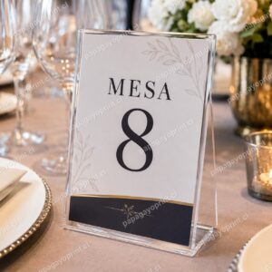 Porta gráfica T acrílico como número de mesa en evento - Papagayoprint